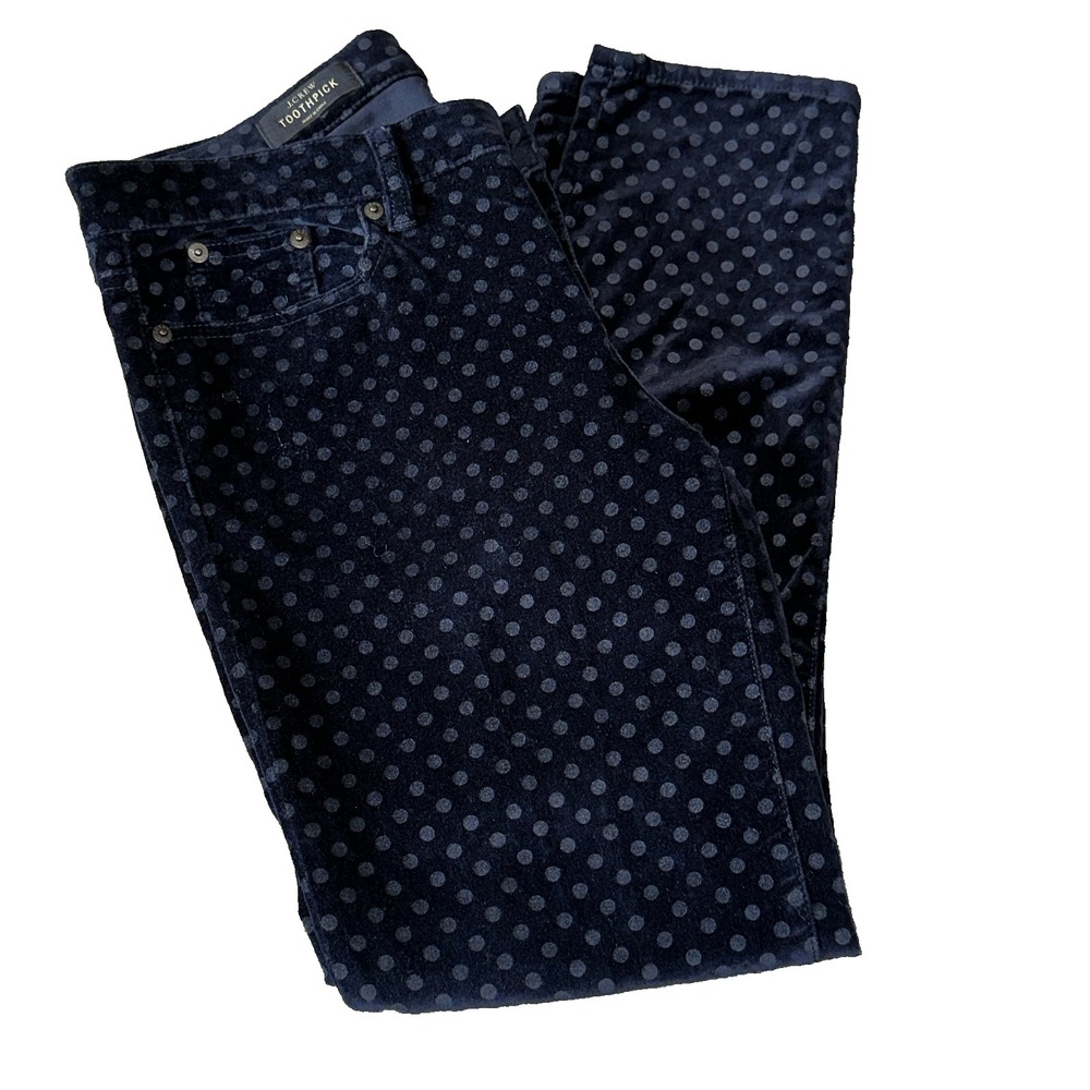 J.Crew Toothpick Ankle Pants Womens 29 (32x26) Navy Blue Polka Dot Velvet
